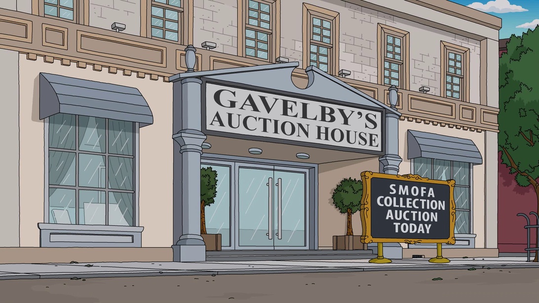 En tecknad illustration av ett traditionellt auktionshus, 'GAVELBY'S AUCTION HOUSE', som symboliserar den äldre, lokalt begränsade marknaden.