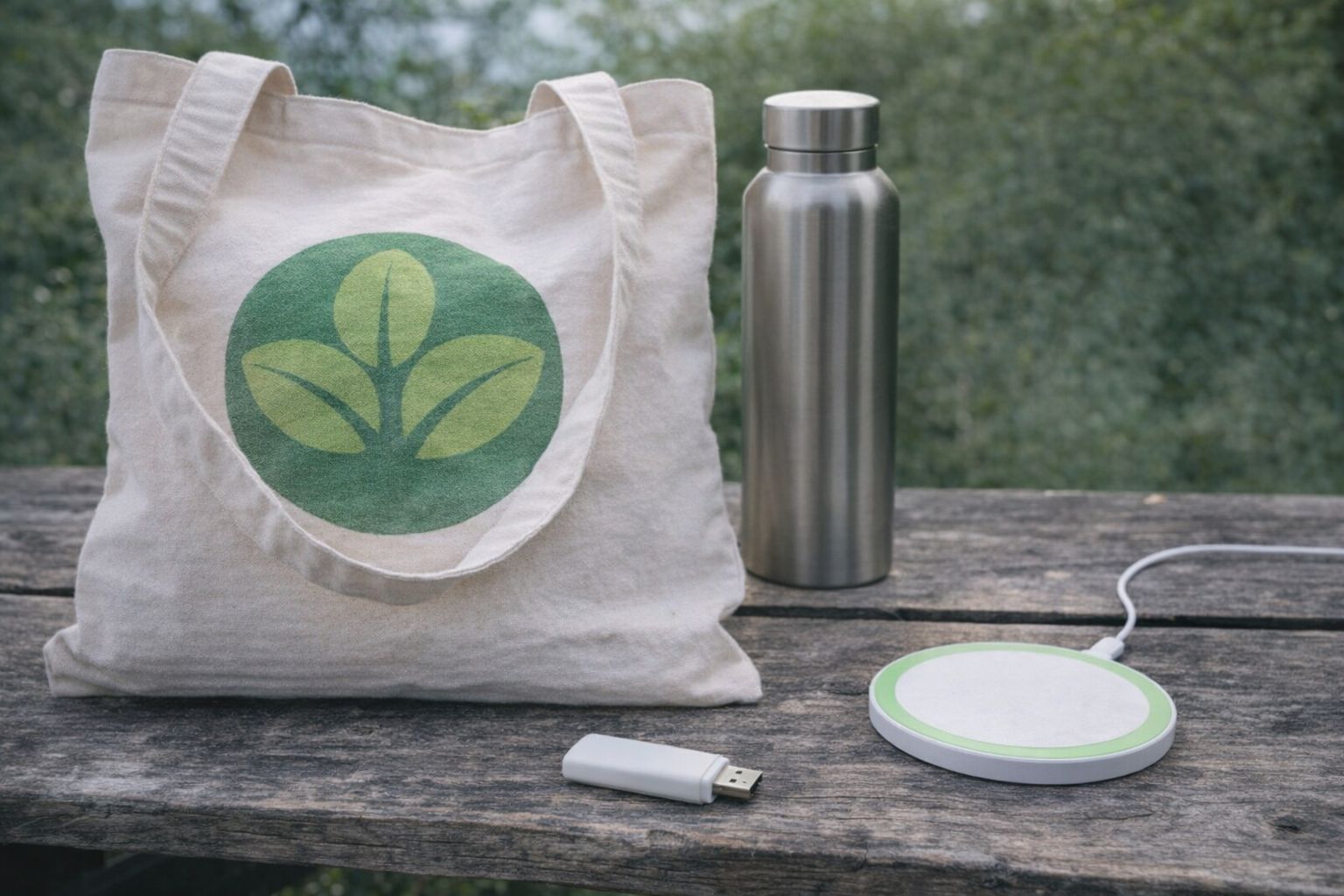 Hållbara profilprodukter som tygkasse, vattenflaska i stål och trådlös laddare.